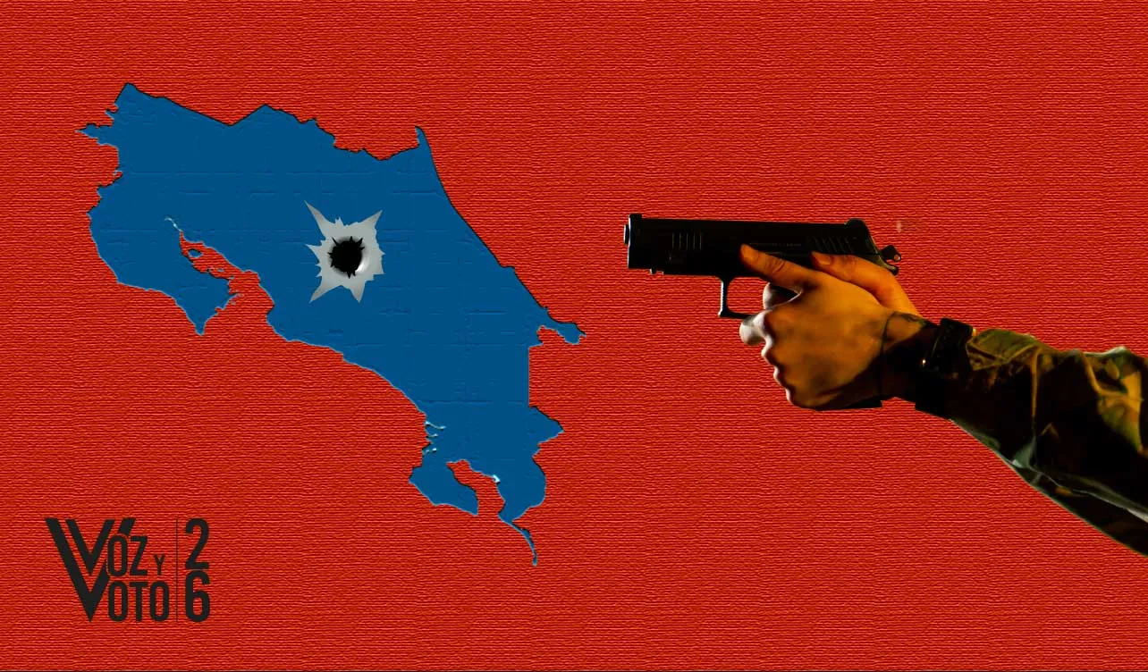 Ilustración de una persona apuntando un mapa de Costa Rica con un balazo en el centro.