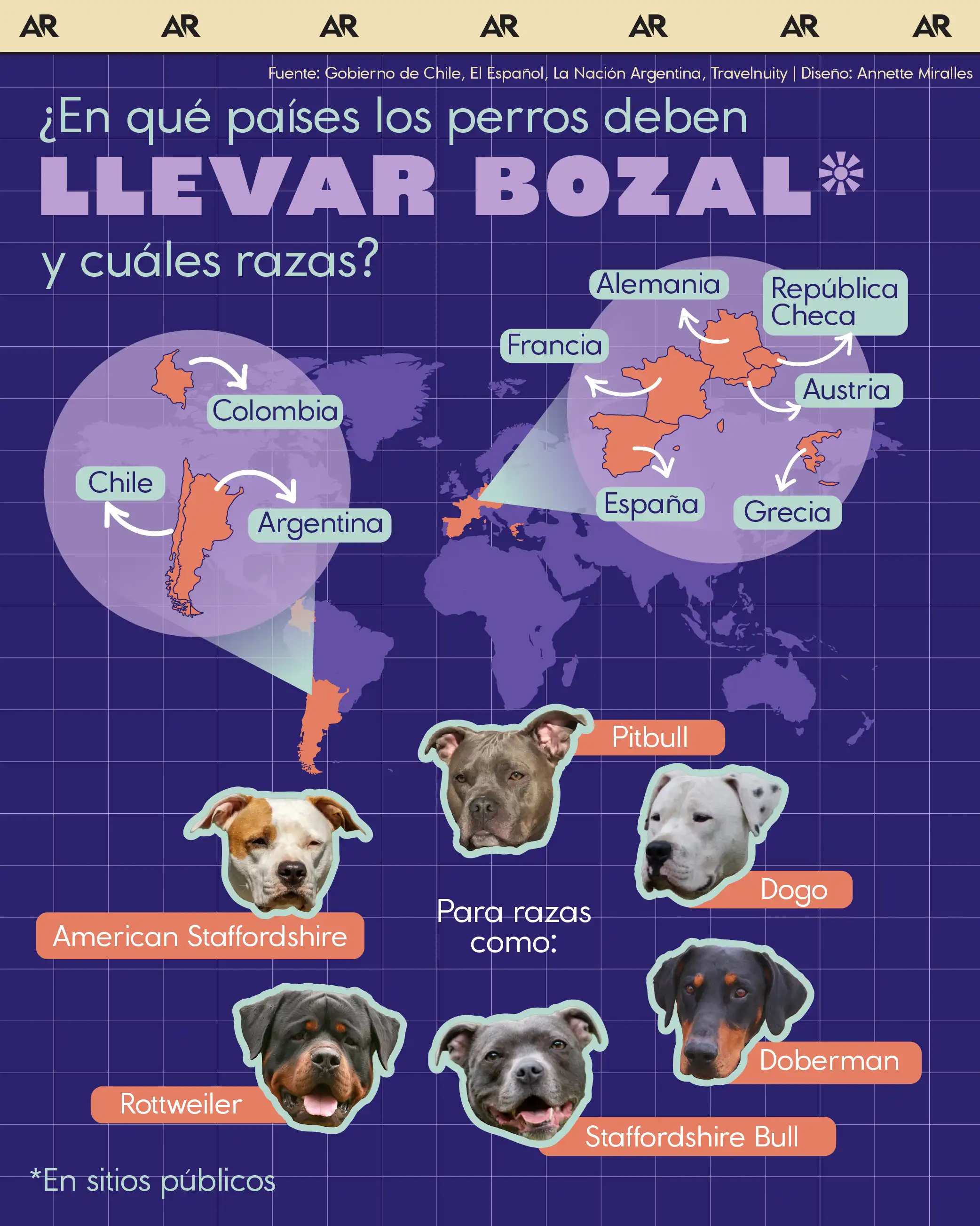 ¿En qué países los perros deben llevar bozal* y cuáles razas?