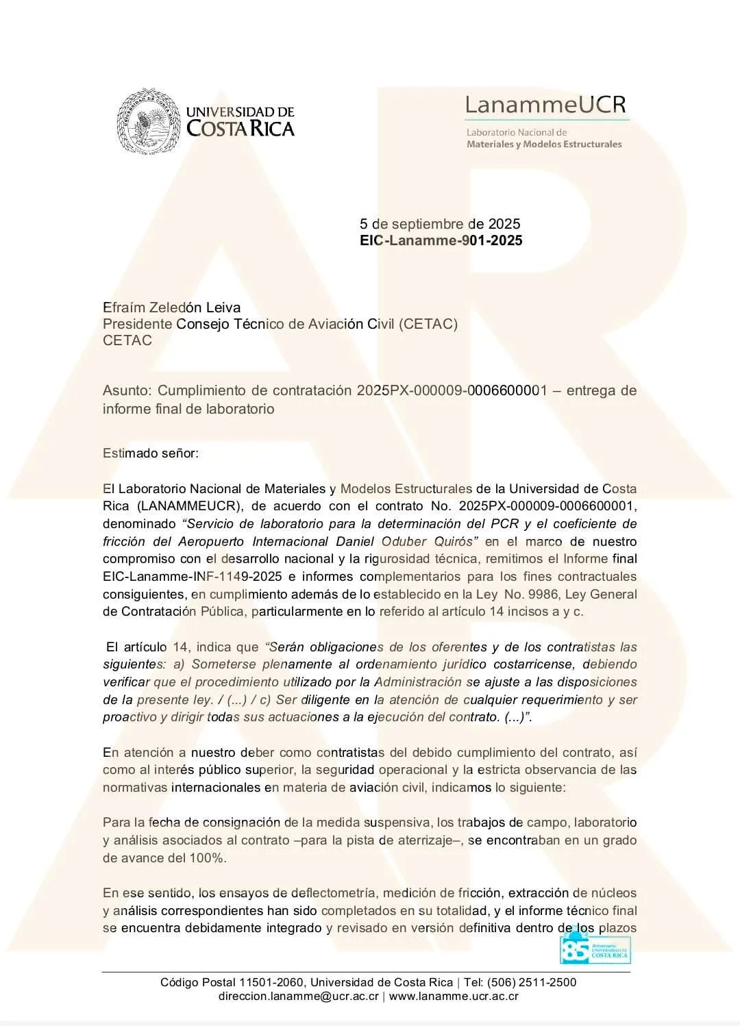 Documento de Lanamme sobre pista del Aeropuerto de Guanacaste.