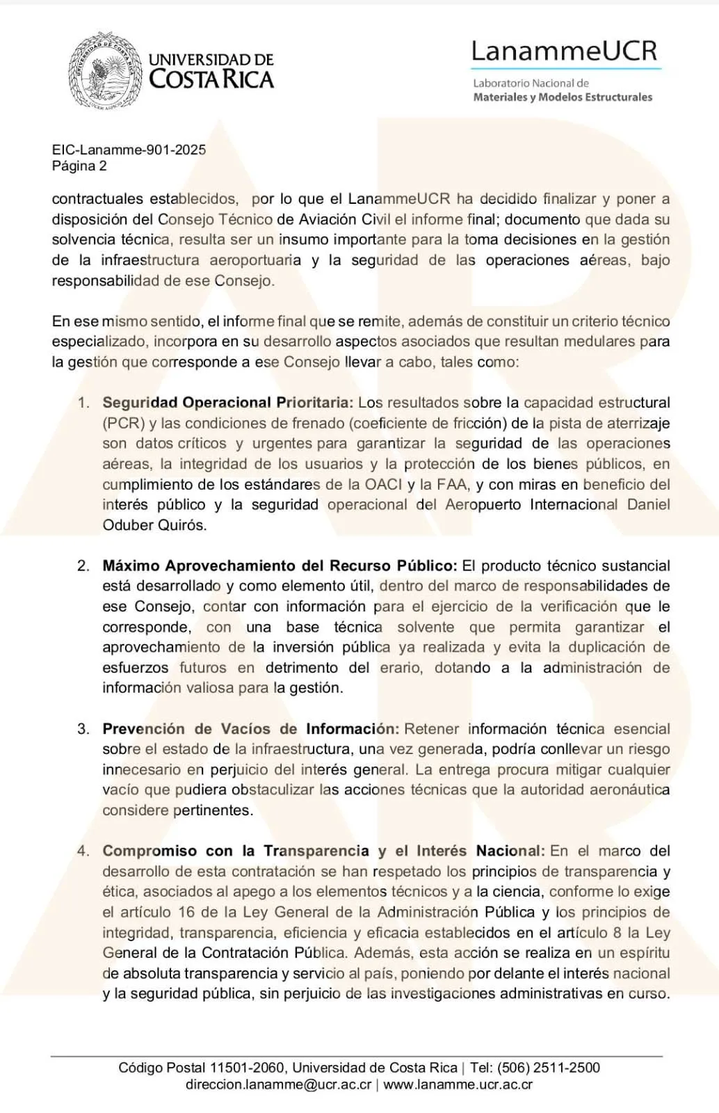 Documento de Lanamme sobre pista del Aeropuerto de Guanacaste.