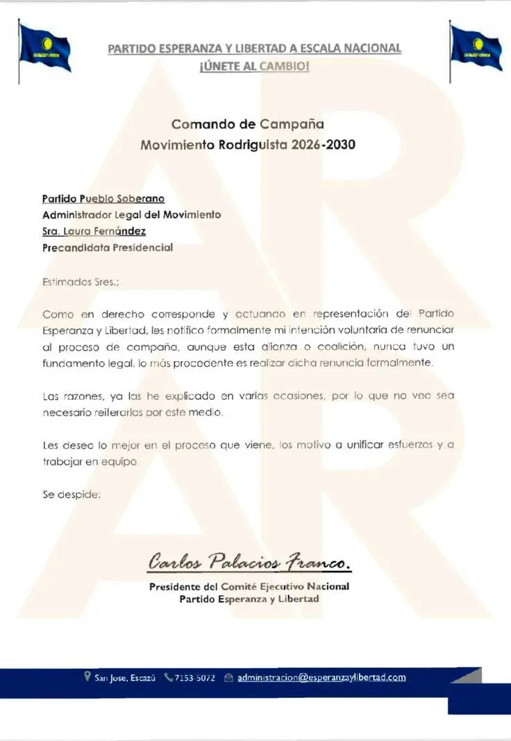 Carta de renuncia del Partido Esperanza y Libertad.