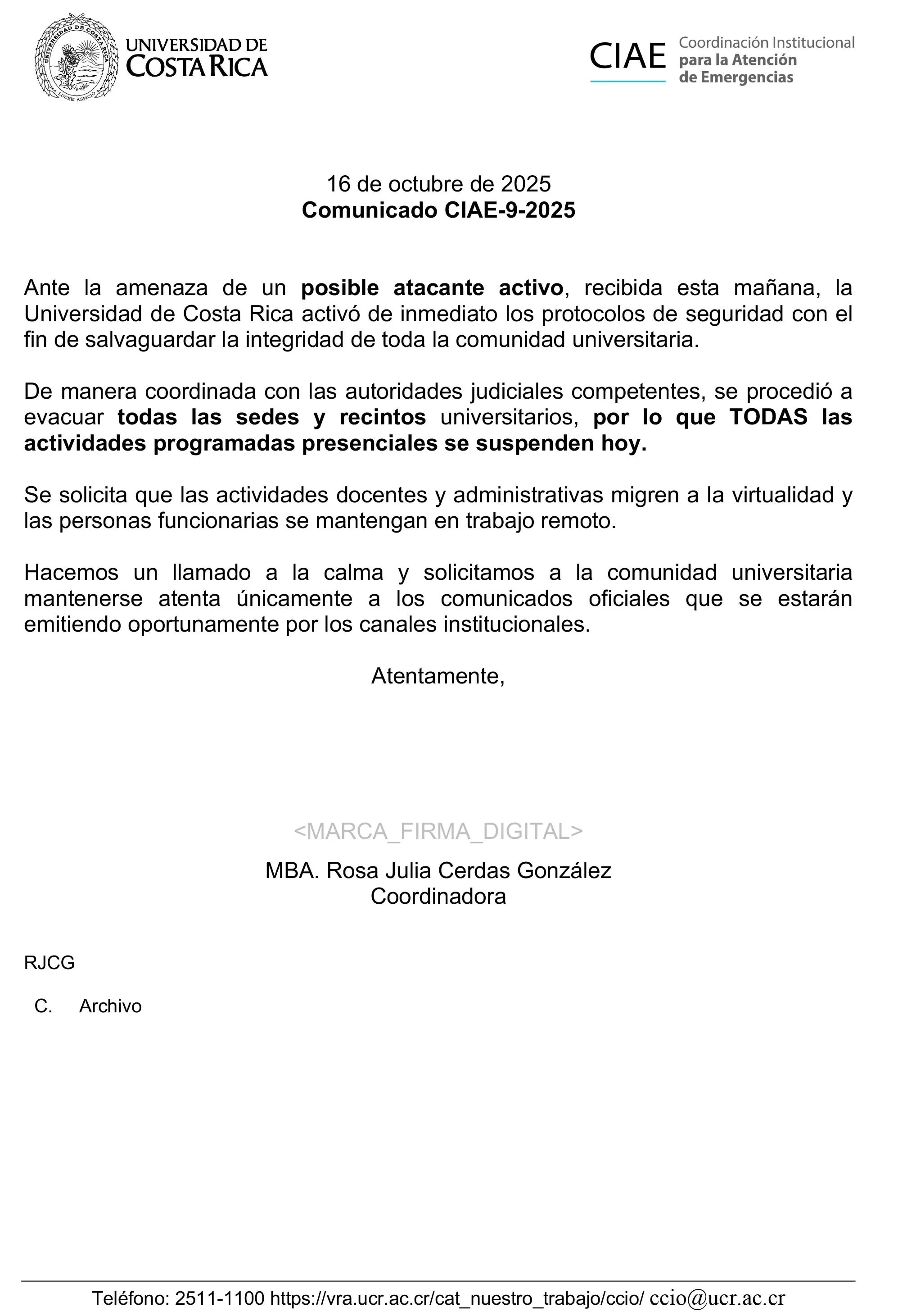 Comunicado emitido a la comunidad universitaria sobre evacuación ante atentado en la UCR.