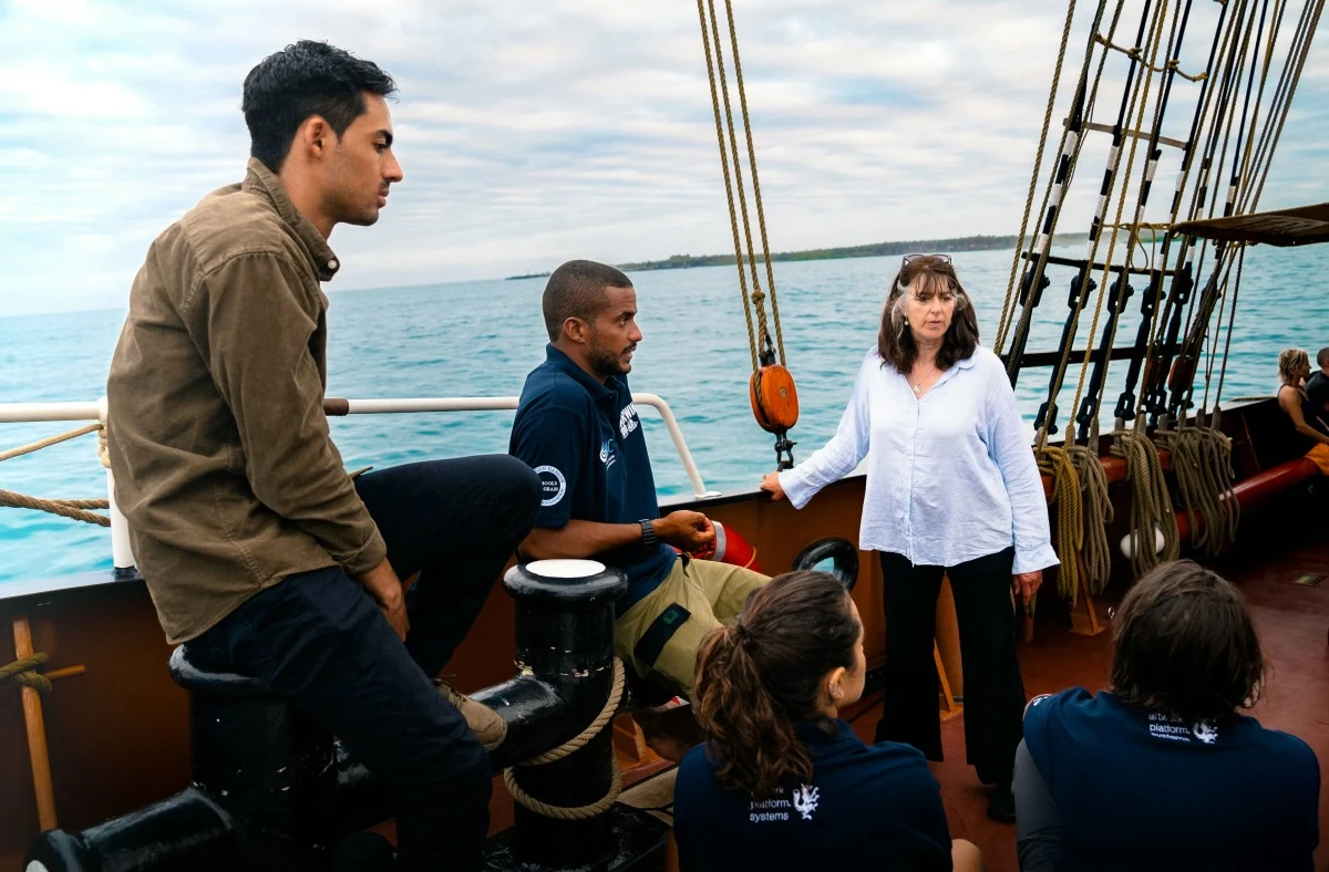 Sarah Darwin habla con la tripulación del Oosterschelde en Puerto Ayora.