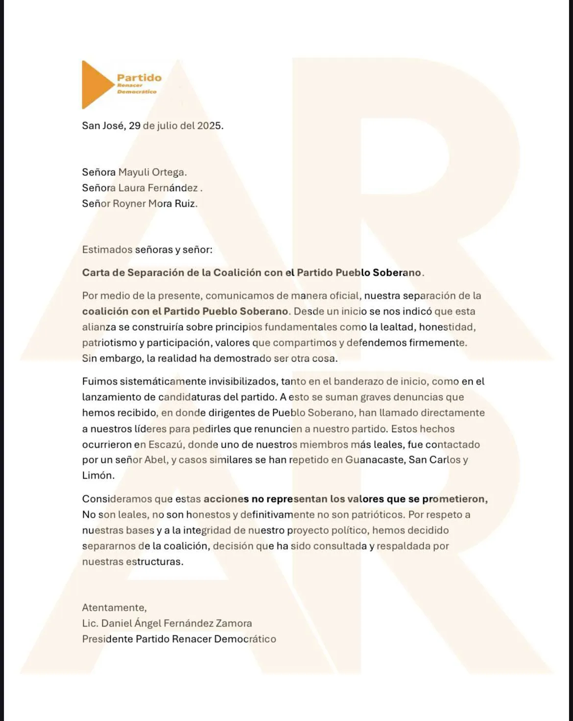 Carta de renuncia del Partido Renacer Democrático.