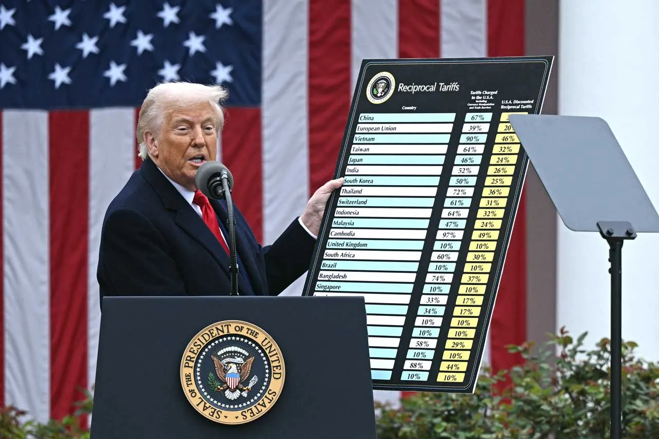 Donald Trump sosteniendo un cartel con aumento de aranceles.