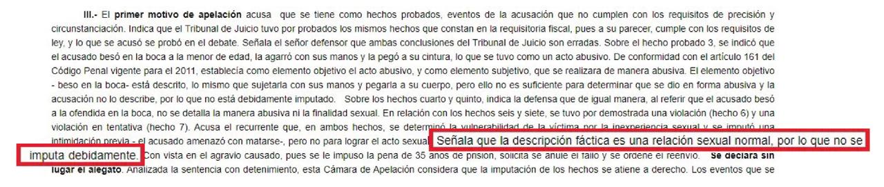 Frase de sentencia en la que dice que el abogado Villalobos señaló “relación sexual normal”