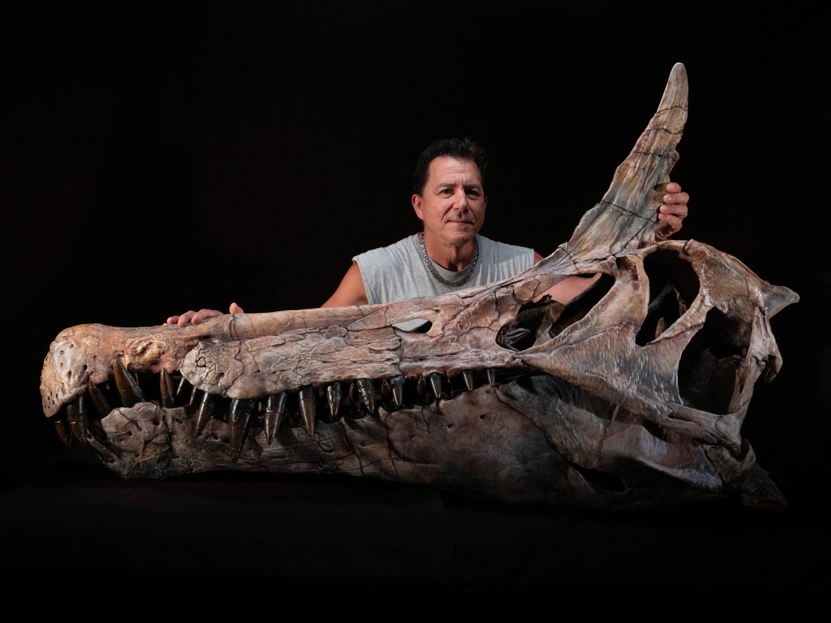 Paul Sereno con el cráneo del Spinosaurus mirabilis